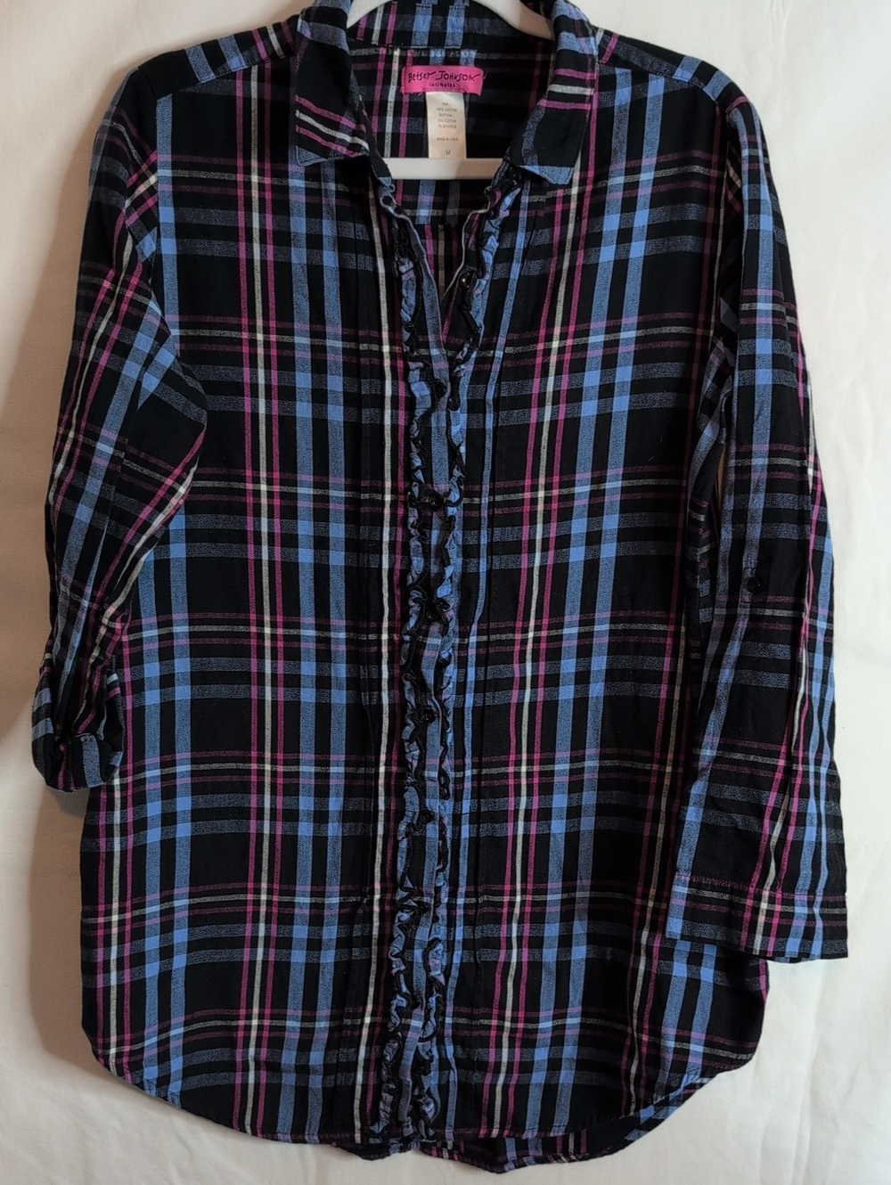 Betsey Johnson M Ruffle Front Sleep Shirt Top Long sleeve button front Plaid  M